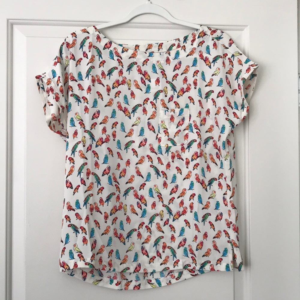 New! LOFT multicolor bird/parrot print short sleeve blouse, size XS